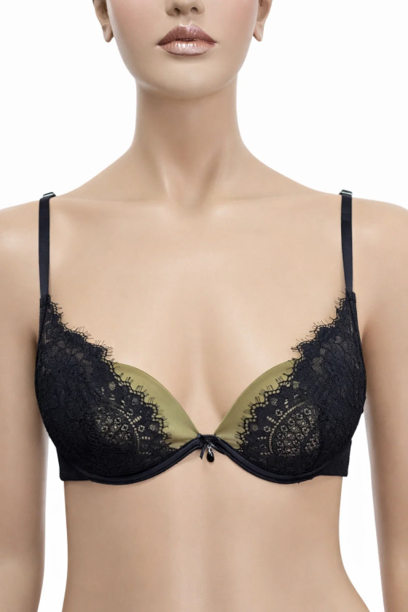 Елегантен сутиен Hunkemöller с маслиненозелен сатен и деликатна черна дантела - Размер 75B