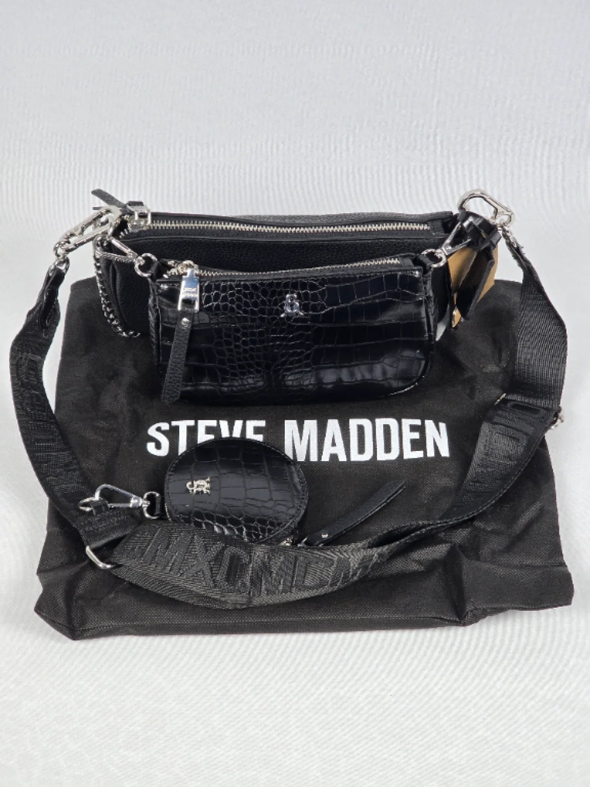 Нова дамска чанта Steve Madden MAXIMA Black Croc с портмоне