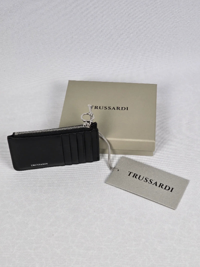 Ново портмоне / картодържател Trussardi с цип, кутия и етикет – черно
